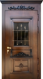 Стальная остекленная термодверь МДФ с резьбой, карнизом и ковкой