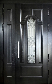 Полуторастворчатая металлическая термодверь со стеклом, ковкой и ручкой-скобой (черные панели МДФ шпон)