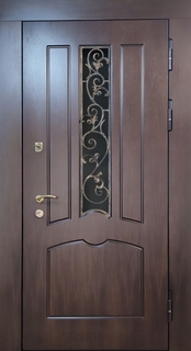 Входная термодверь с узким стеклопакетом и кованой решеткой (плиты MDF)