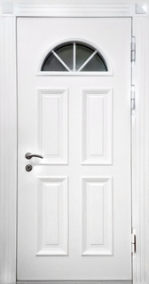 Утеплённая термодверь с полукруглым окном и белыми панелями МДФ с багетом