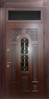 Термодверь с влагостойким МДФ, ковкой и остекленной верхней вставкой